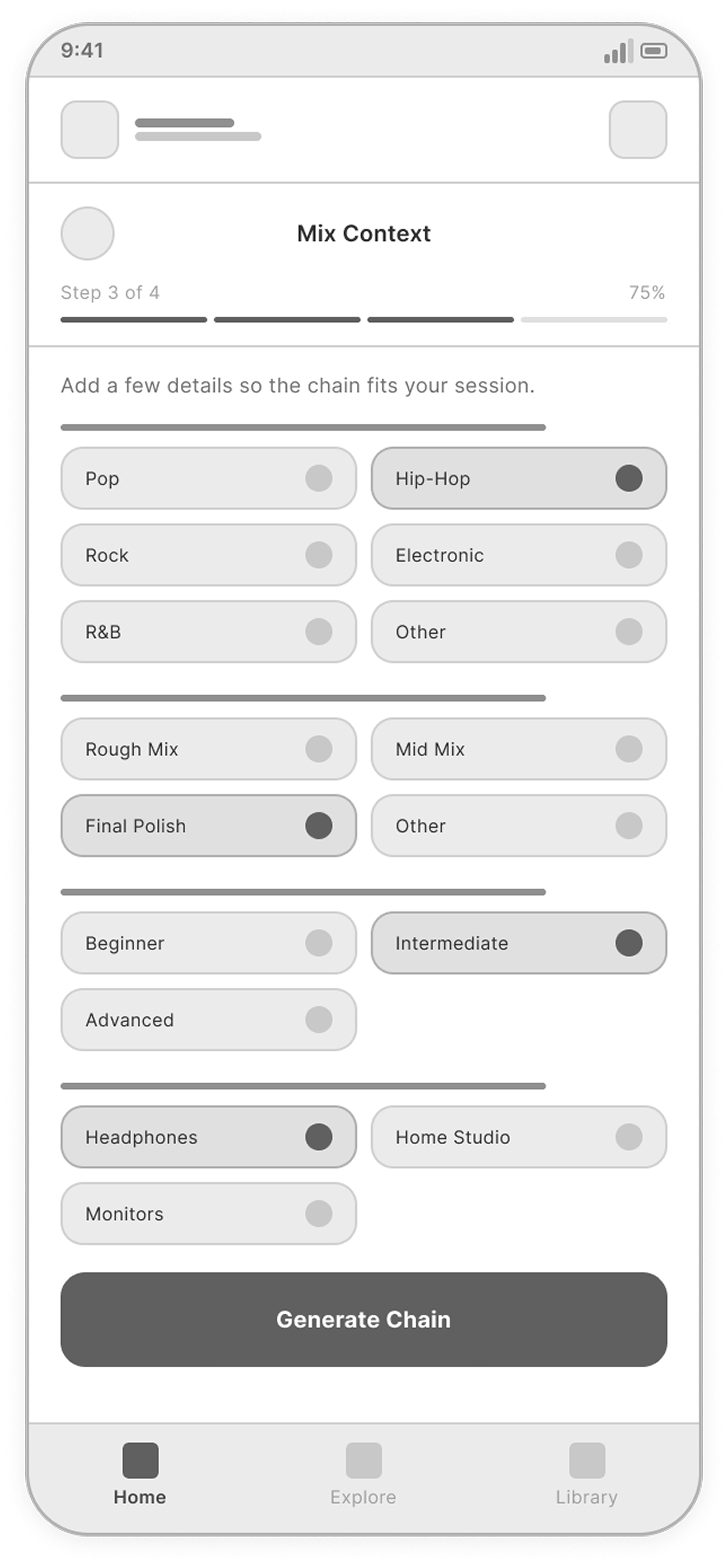 Add Mix Context screen