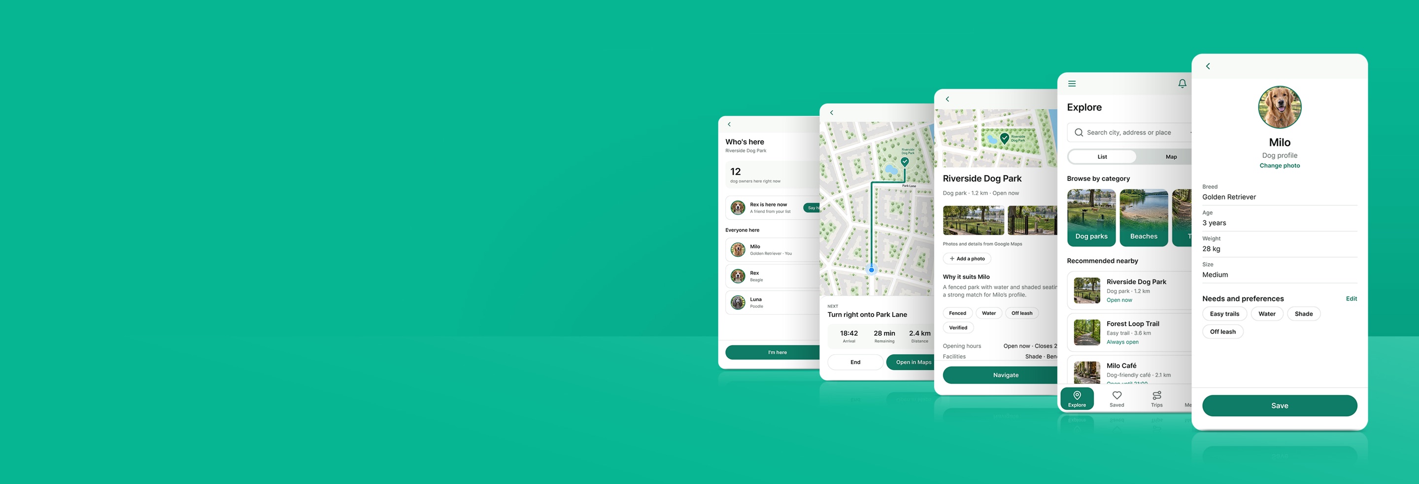 Pointer app concept screens showing dog-friendly places, a dog profile, route guidance and a park detail