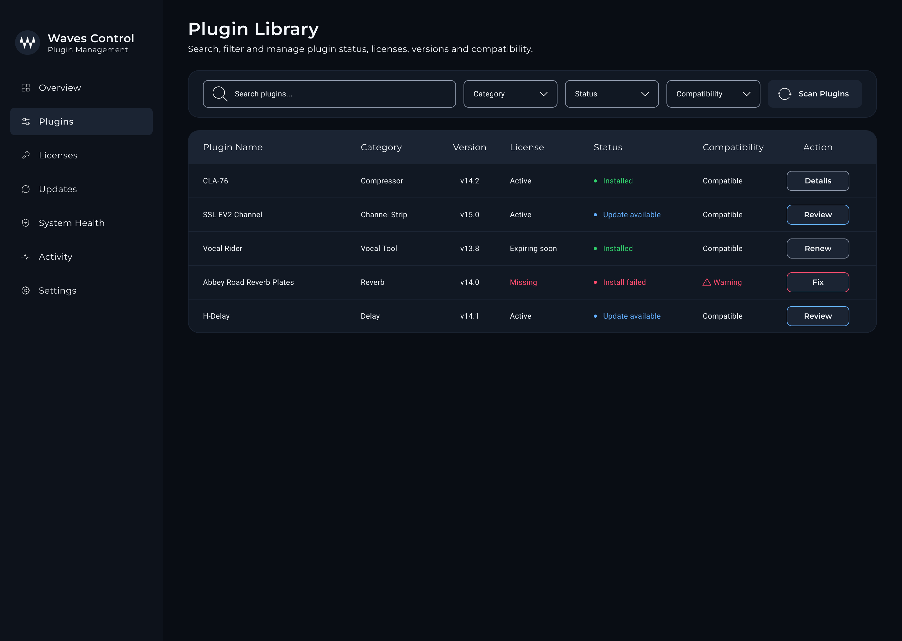 control — Plugin library screen