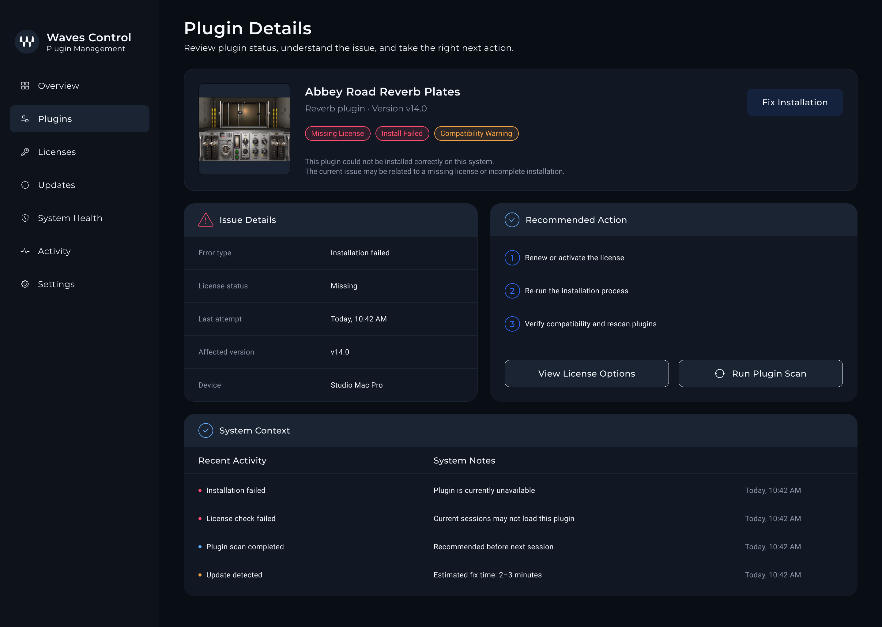 control — Plugin details screen