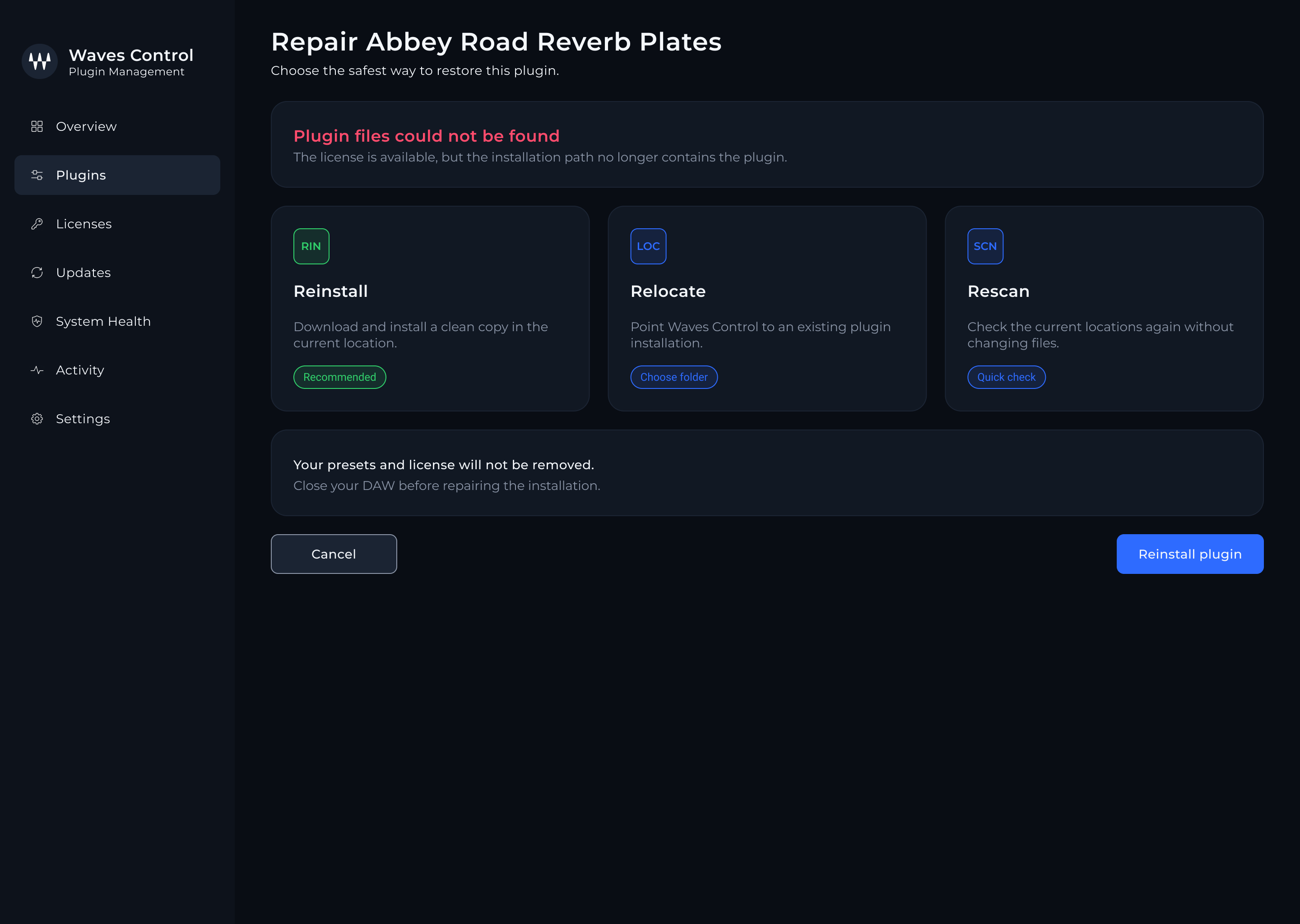 control — Repair plugin screen