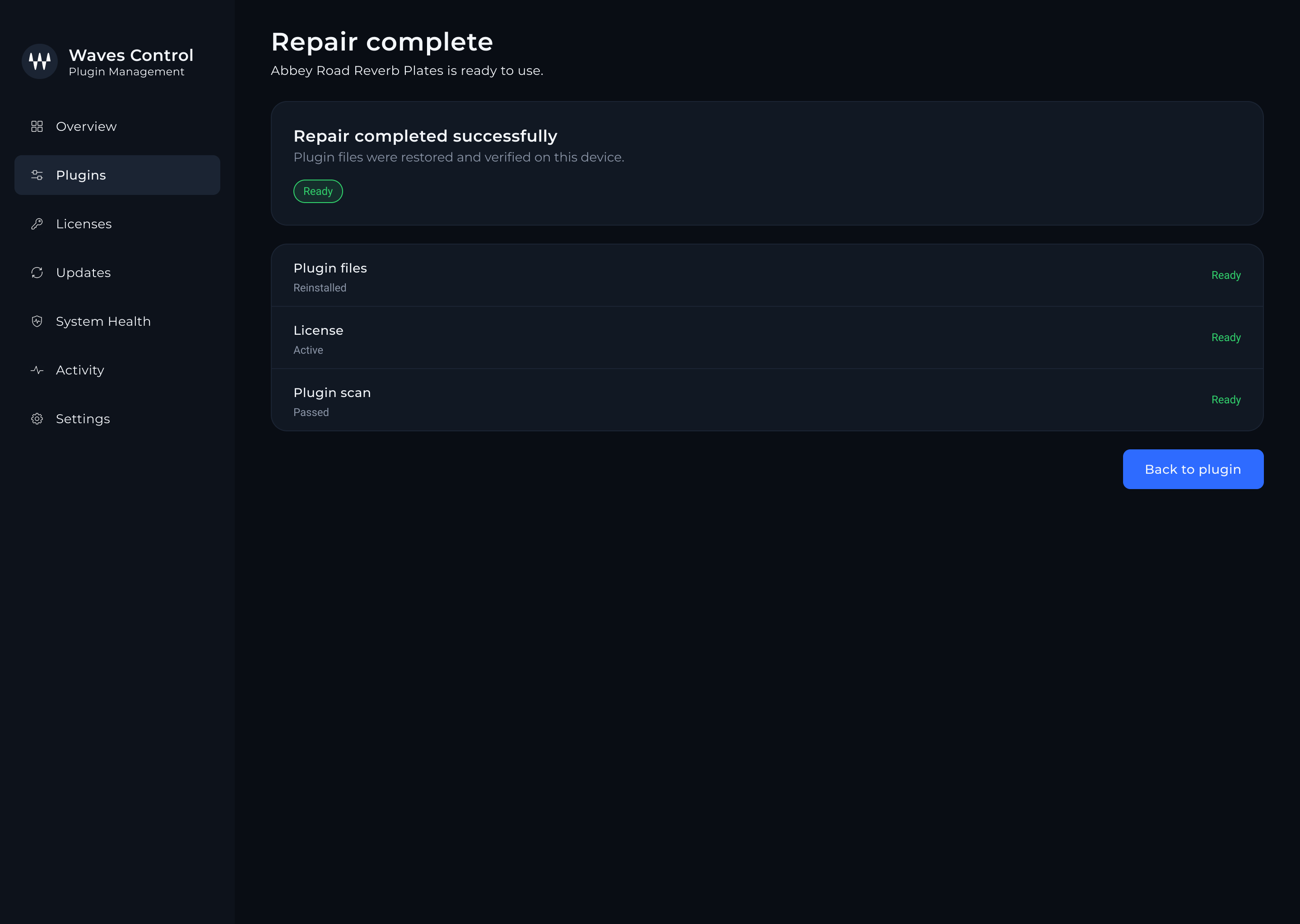 control — Repair complete screen