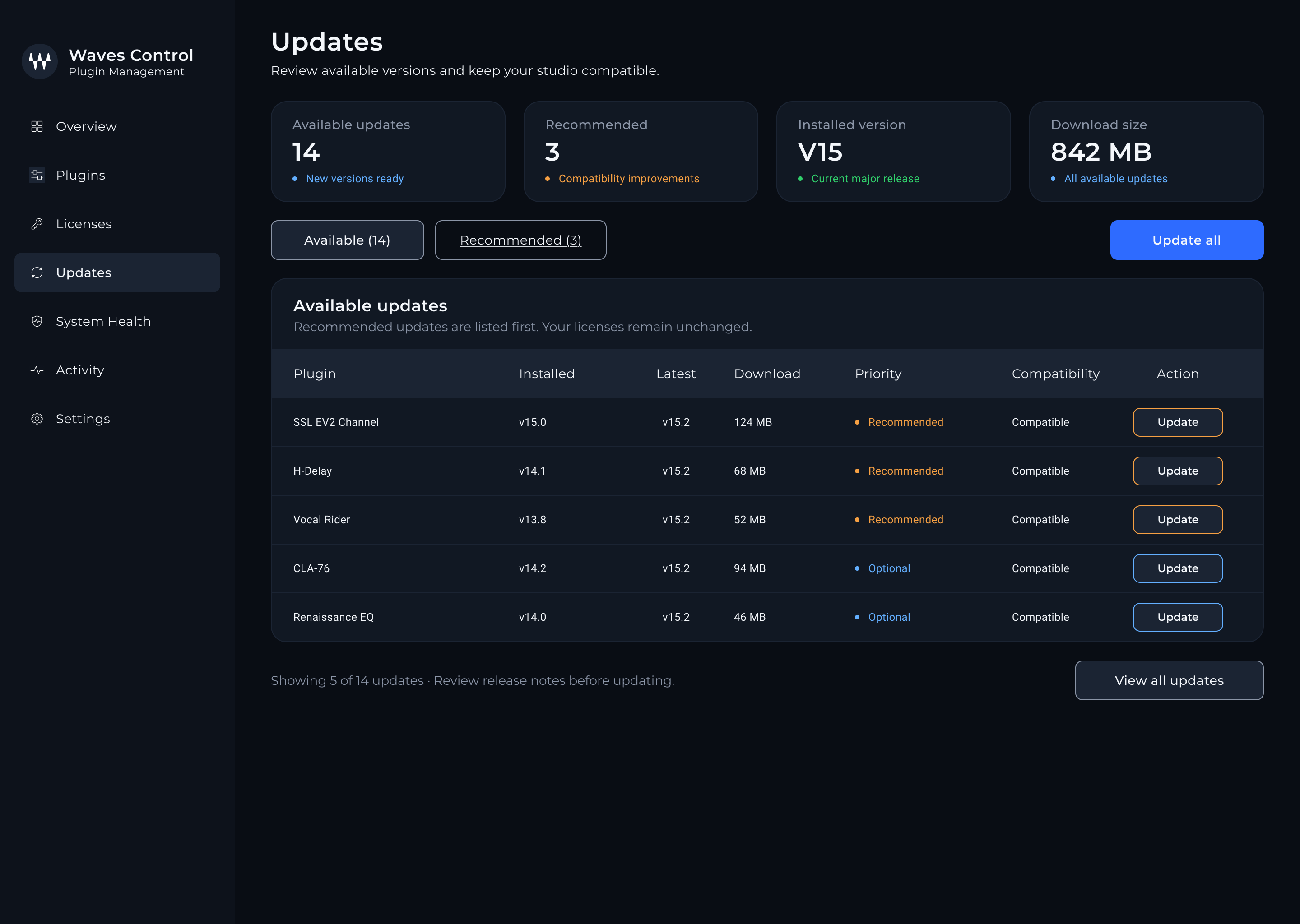 control — Updates screen
