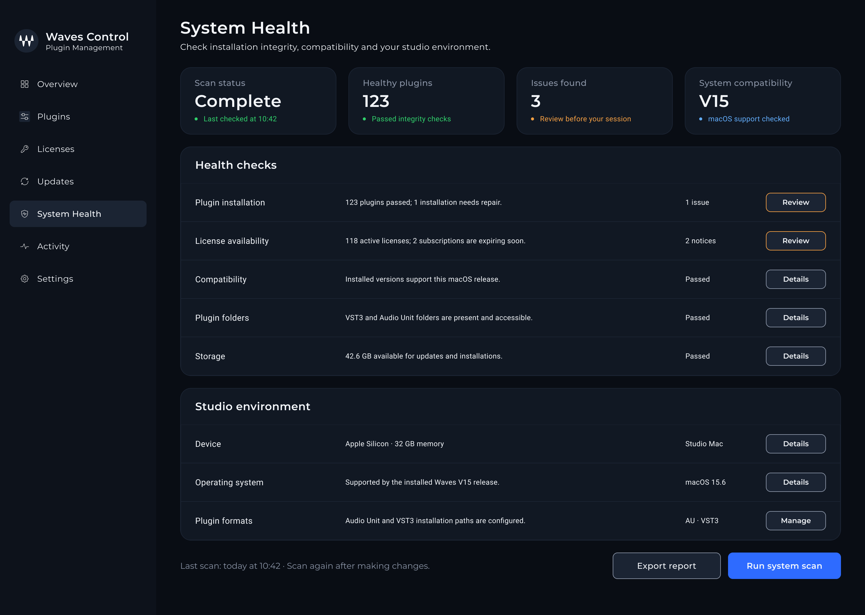 control — System health screen