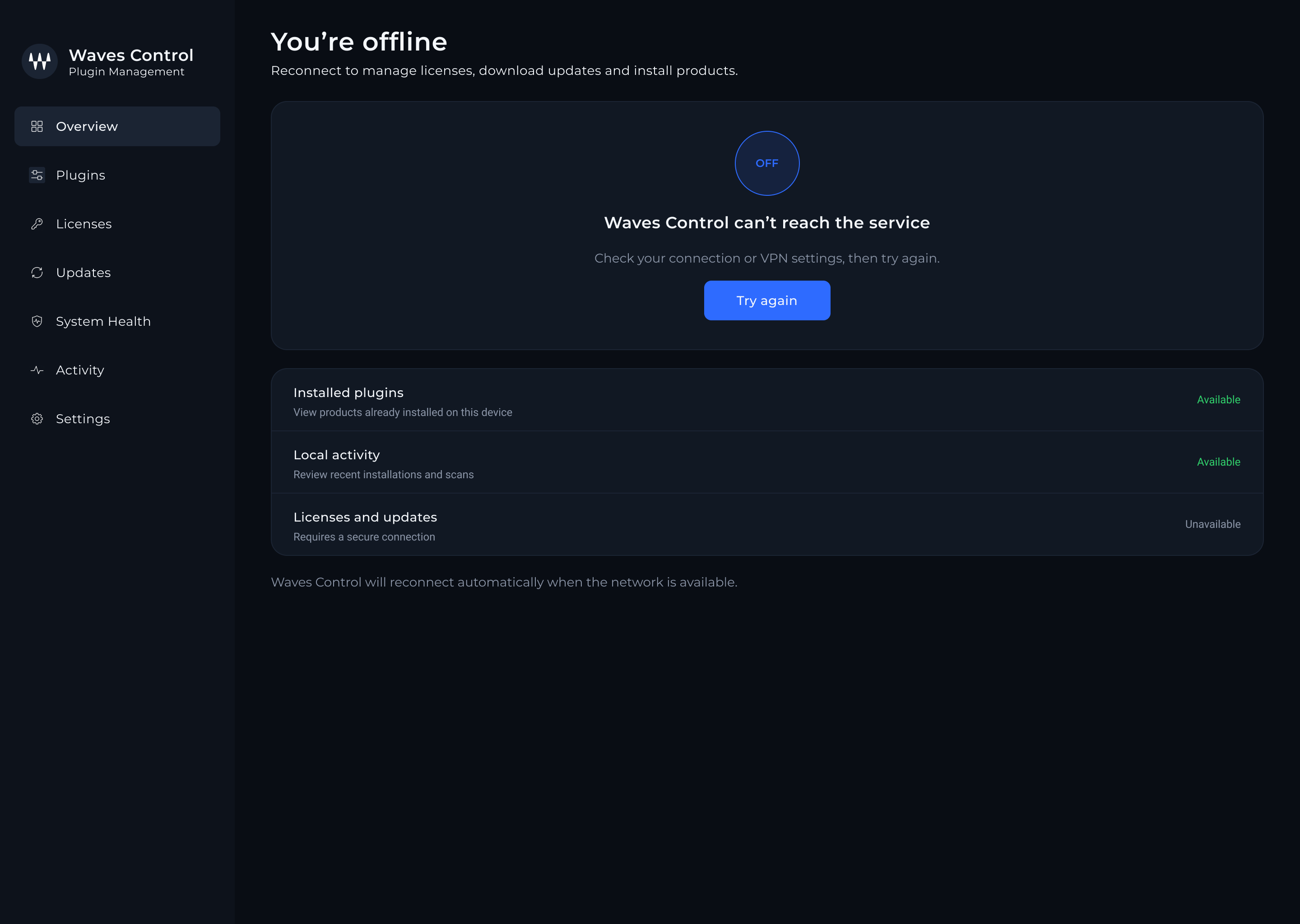 control — Offline state screen