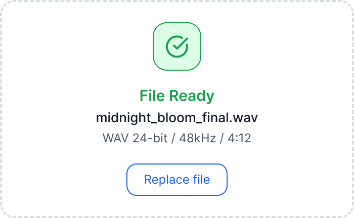 TrueMix file upload card showing a ready WAV file